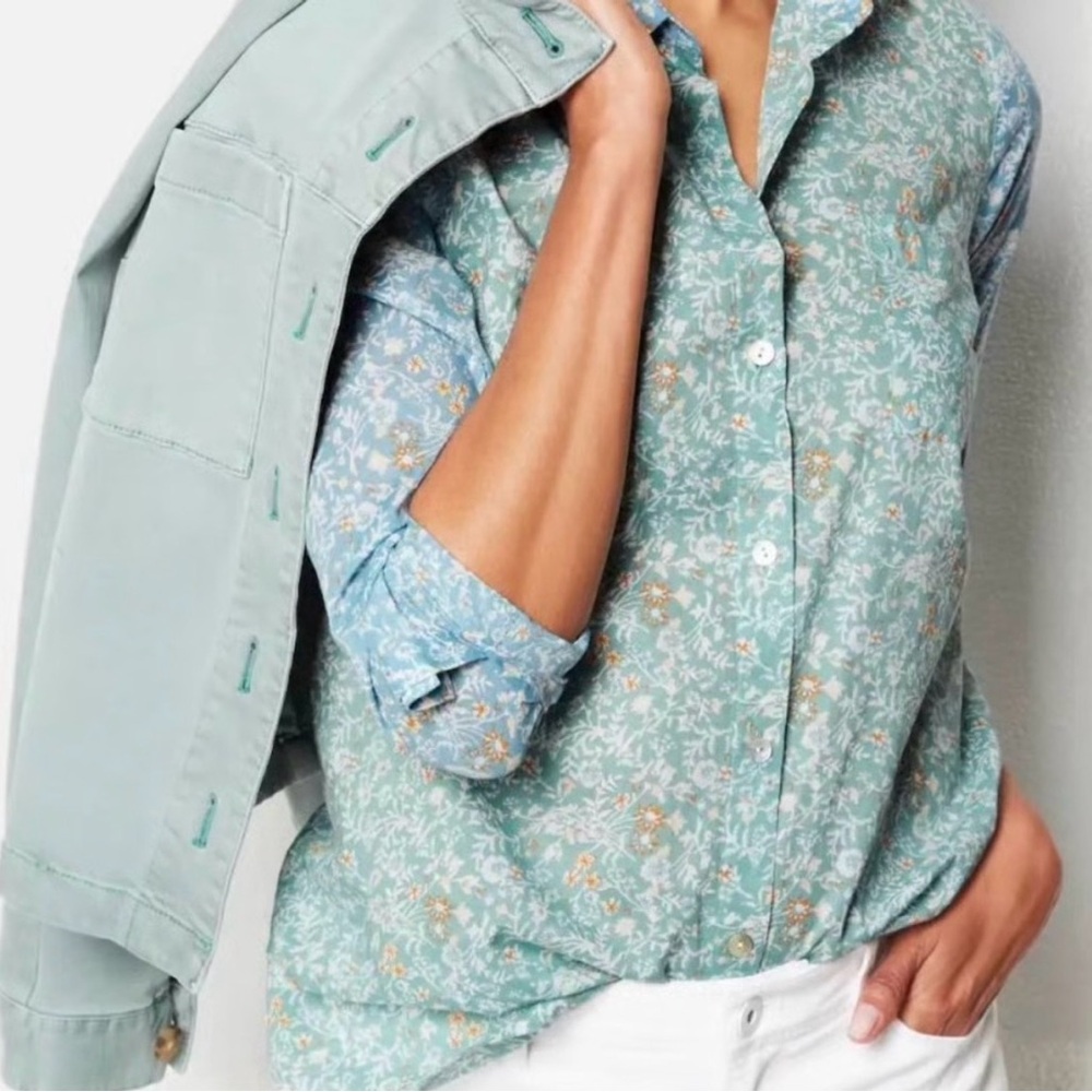 J Jill Womens Floral Button Up Blouse Size XL 100% Cotton Blue Green Cottagecore